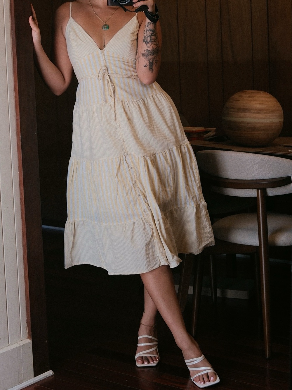 Tiered Striped Midi Dress in Pale Yellow